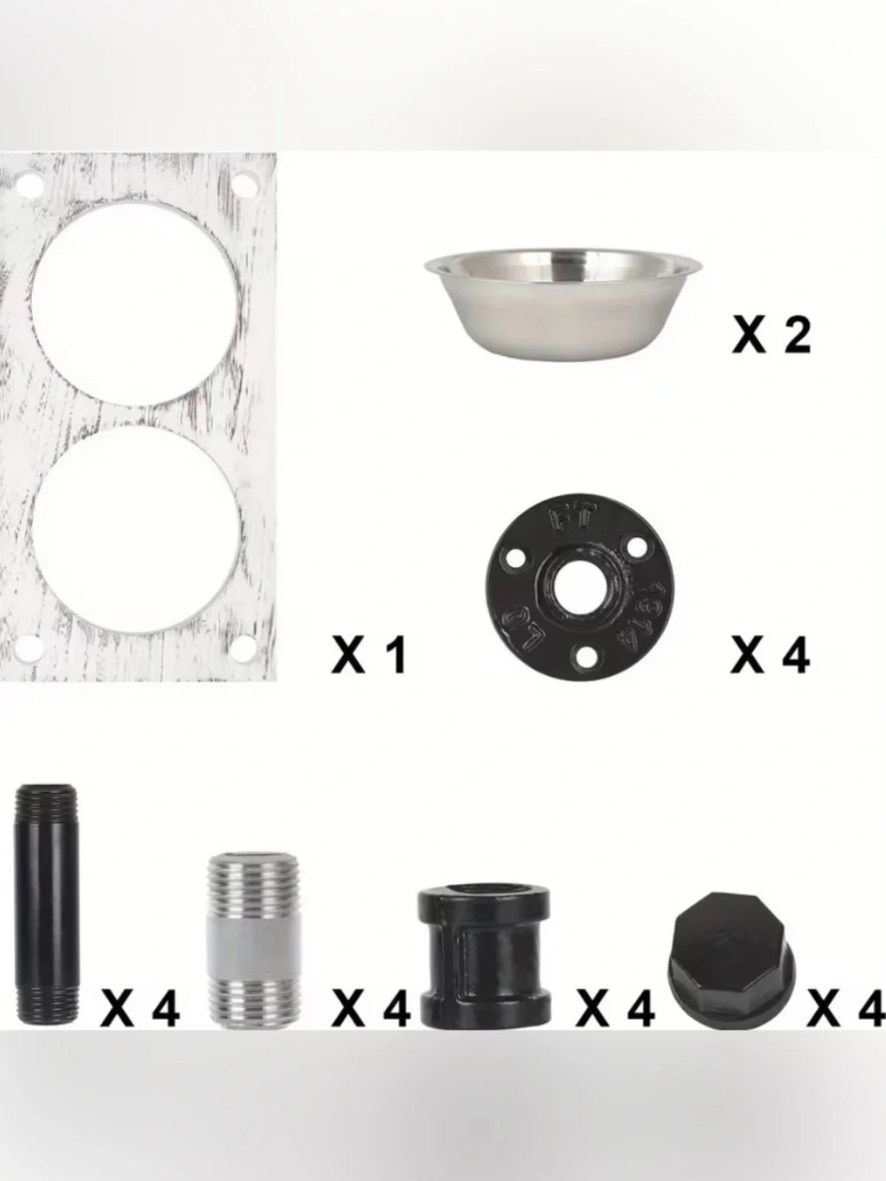 Elevated Pet Dish -Whitewash~Grey W/Black Pipe legs & 2 Stainless Steel bowls 🆕